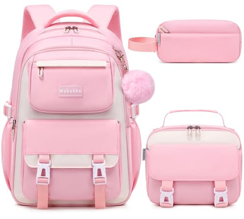 Makukke School Backpack for Girls Book Bag Set, School Bag for Teens Girls Kid Children Elementary Middle School Student, Waterproof Pink Backpack