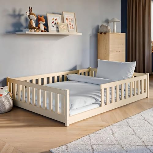 Kids Collective Kinderbett Bodenbett 140x200 cm Bett mit Rausfallschutz & Lattenrost Montessori Bett Bed Gitterbett Kinder Jugendbett Einzelbett | Natur