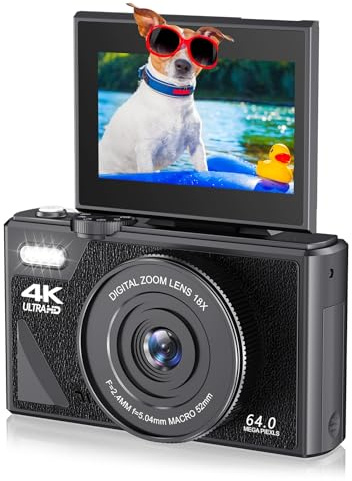 Cámara Digital de Bolsillo para Fotografía, UHD 4K 64MP Cámara de Apuntar y Disparar con Pantalla Abatible de 3 Pulgadas, Cámara de Vídeo Pequeña con Enfoque Automático y Zoom