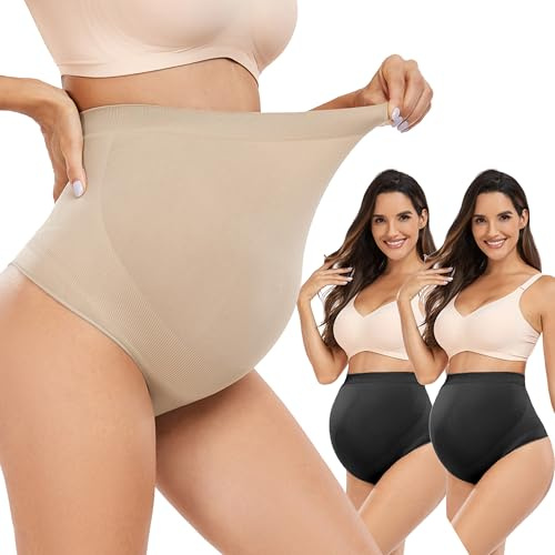 Hailycoco sous-vêtements de maternité sans Couture, String de maternité Taille Haute pour la Grossesse avec Soutien du Ventre, Noir + Noir + Nude, Medium