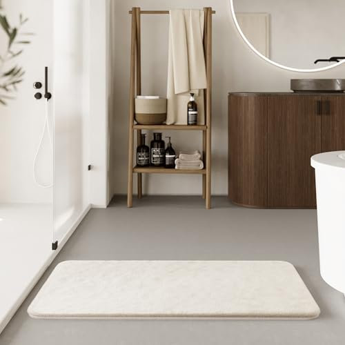 WECONhome Basics - Eleganter Badteppich – rutschfest, waschbar und super weich – Ideal für EIN modernes Bad - Emil (55 x 65 cm, Creme beige)