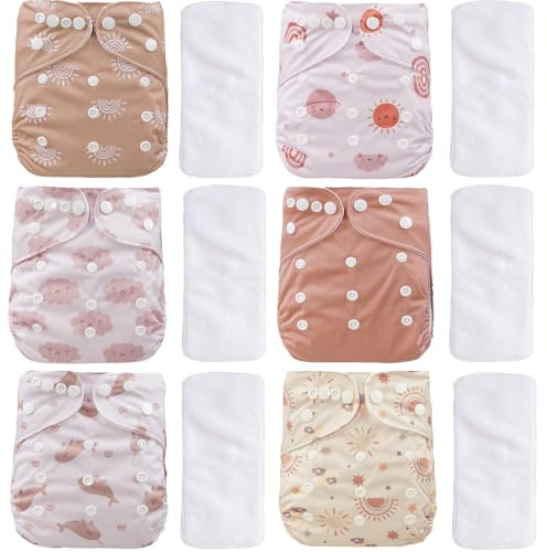 CoolaPeach 12 Set Reusable Adjustable Cloth Diapers for Newborn to 0-3 Years,One Size Washable Pocket Nappy Covers for Baby Girl and Boy,6 Pack Cloth Diapers+6pcs Microfiber Inserts(Pink)