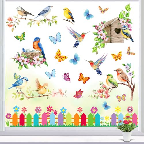 Raoclay Fensterbilder Frühling, Fensterbilder Kinder Selbstklebend Fensterbild Frühling Vögel, 9 Blatt Fenstersticker Frühling Fensteraufkleber Blumen Schmetterlinge Deko, Kinderzimmer Deko Frühling