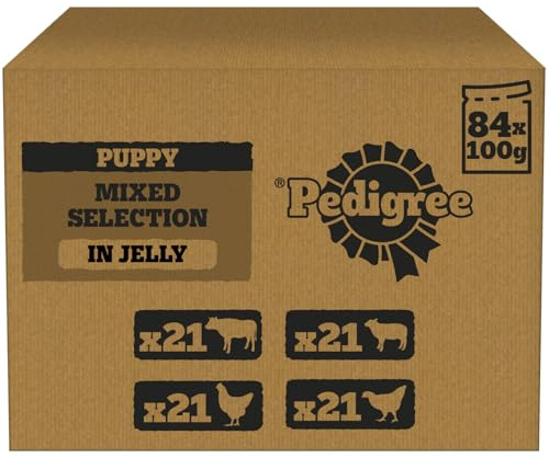 PEDIGREE Puppy Dog Food Pouches Chunks in Jelly, 84 x 100g Multipack, Four Flavours (with Beef & Liver, Chicken, Lamb & Liver, Poultry and Rice)