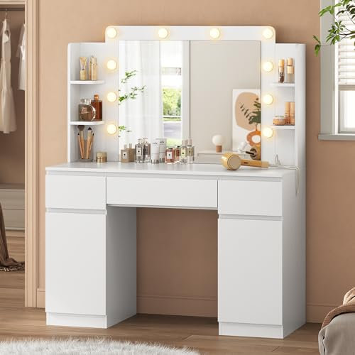 Große Schminktisch mit LED Beleuchtung, Einstellbarer Helligkeit, Weißer Schminktische mit Spiegel und 10 LED-Glühbirnen Moderner Kosmetiktisch mit Steckdosen Frisiertisch mit Schubladen (Weiß)