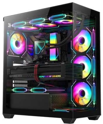 RUIX OV603 ATX Boîtier PC de taille moyenne, boîtier de jeu spacieux à haut débit d'air avec 4 ventilateurs PWM ARGB de 120 mm, ports USB 3.0 et de type C, verre trempé, boîtier d'ordinateur de grande