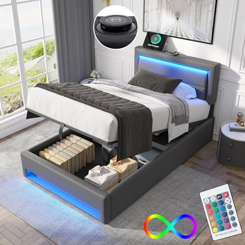 Cama 90 x 190 cm con LED y USB (soporta inalámbrica), cama tapizada de 90 x 190 cm con cabecero y espacio de almacenamiento, cama individual con somier, cama de almacenamiento, cama juvenil moderna