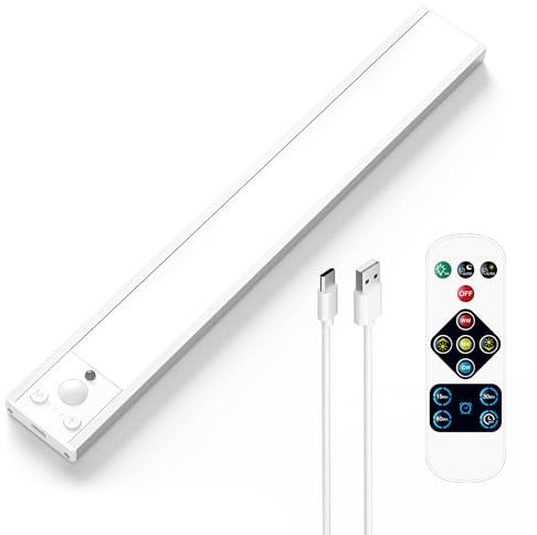 PRINCEWAY Rechargeable LED Under Cabinet Light, Length 37CM LED Under Kitchen Cupboard Light with Wireless Remote Control and Motion Sensor, Dimmable and 3 Levels Adjustable Lighting Colors
