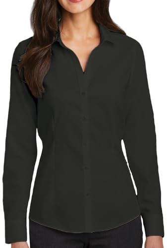 JiaYouLC Women's Long Sleeve Casual Blouses & Shirts Ladies Plain Stretch Button Down Shirts (UK, Alpha, M, Regular, Regular, Black)