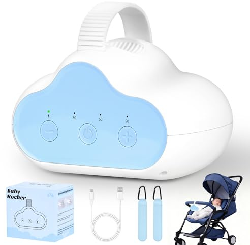 Kinderwagenschaukler, USB-C Aufladbar Schlafhilfe für Babys mit 3 Einstellbaren Schaukelintensitäten und 30, 60, 90 Minuten Timer mit 2 Haken, Universell für Kinderwagen, Buggy und Babywippe
