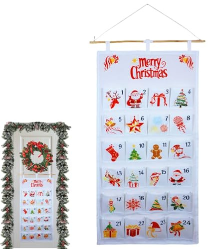 Adventskalender – väggficka på 140 tum | Oxford Storage – återanvändbar och fyllbar tygkalender med 24 fickor för förvaring av godis, smycken och små presenter