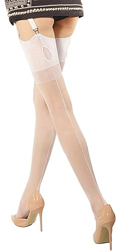 Luxallacki Vintage-Inspired Keyhole Back Seam Stay-up Stockings, Retro Glamour Sheer Cuban Heel Thigh-Highs (White,M)