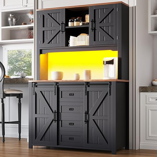 Gxffipw Küchenschrank Buffetschrank Höhe 174.7 cm mit LED Licht und 2 Schubladen, Hochschrank Vorratsschrank mit Schiebetüren, Küchenschränke Highboard mit Ablagen, Küchenmöbel, Schrank Schwarz