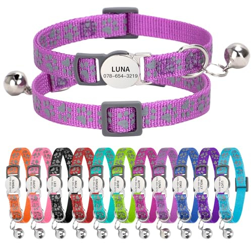 Personalised Reflective Cat Collar with Name Tag,Quick Release Kitten Collars with Bell Safety Buckle, Adjustable Nylon Cat Collar for Cats Kittens UK Prime (19–30 cm, Purple Paw)