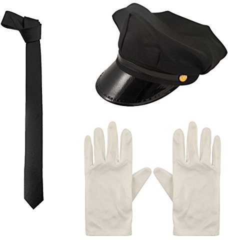 Men's Black Chauffeur Hat, Tie & Gloves 3 Piece Set - Limo Taxi Driver Fancy Dress Costume Accessory