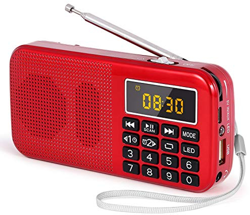 PRUNUS J-725 Radio Portable Rechargeable, Poste Radio FM avec Batterie Rechargeable 3000mAh, Petite Radio Portable avec Réveil/Horloge et éClairage de Secours, Prise en Charge MP3/SD/USB/AUX