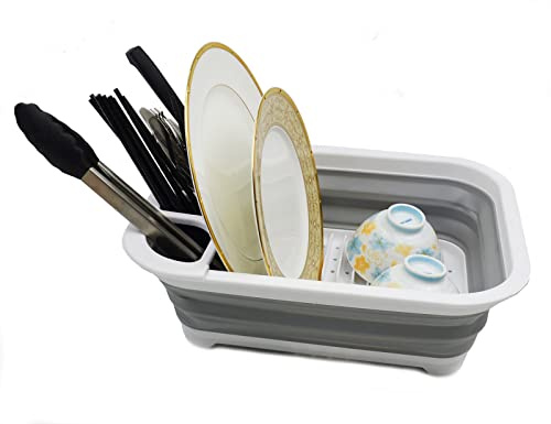SAMMART 7.5L Collapsible Dish Drainer - Foldable Drying Rack Set - Portable Dinnerware Organizer - Space Saving Kitchen Storage Tray (1, Weiß/Grau (W/O Basisplatte))