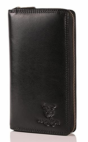 MATADOR Leder Geldbörse Damen Schwarz Groß #GIRONA mit Geschenk Verpackung, Luxus RFID Geldbeutel Damen Gross, Geldtasche Frauen Viele Fächer, Leder Brieftasche, Edles Portemonnaie Damen Schwarz Nappa