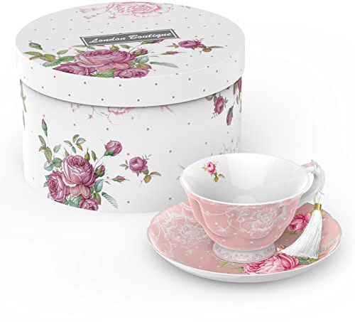 London Boutique Teetasse und Untertassen-Set, 1 Nachmittagstee-Set, Knochenporzellan, Vintage-Flora-Geschenkbox, 200 m (Rosa)