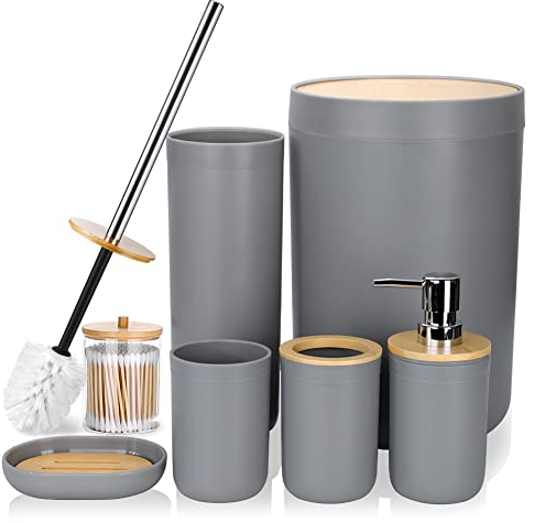 JOTOM 7 Pieces Bamboo Bathroom Accessories Bathroom Accessory Set Luxury Modern Plastic Bath Set Toothbrush Holder Tumbler Qtip Holder Toilet Brush Set Soap Dish Trash Can Soap Dispenser Gift (Grey)