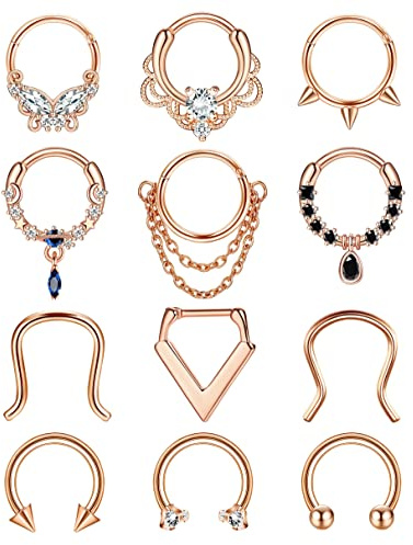 YADOCA 12Pcs 16G Septum Rings Surgical Steel Dangle Septum Piercing Jewelry for Women Septum Clicker Nose Rings Hoop CZ Horseshoe Cartilage Helix Tragus Daith Septum Piercing Jewelry Rose Gold 10MM