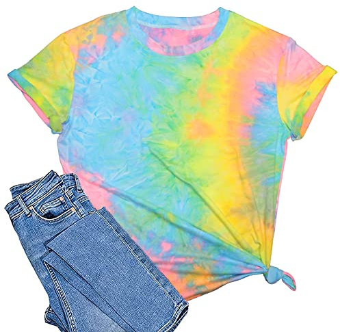 SUWATOIN Tie Dye T Shirt for Women Summer Crew Neck Short Sleeve Shirts Casual Loose Fit Tops