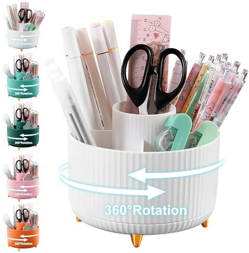 Cayxenful Drehbar Schreibtisch Organizer Kinder, 360° Rotierende Große Kapazitätstifte Schreibtisch Stiftehalter mit 5 Fächern, Aesthetic Schreibwaren Stifte Organizer für Büro, Schule, Zuhause (Weiß)