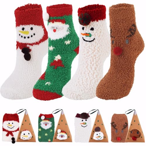 GEKMOR Julstrumpor, 4 par söta tecknade julstrumpor med presentaskar, mjuka vintervarma korallfleece jul golvtofflor fluffiga strumpor, julklapp strumpor för damer hem vardaglig sömn, flerfärgad, One