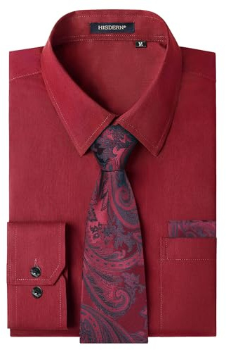 HISDERN Chemise Hommes Rouge Manches Longues Chemise Habillée et Cravate sans Repassage Affaires Casual Mariage Slim Fit L