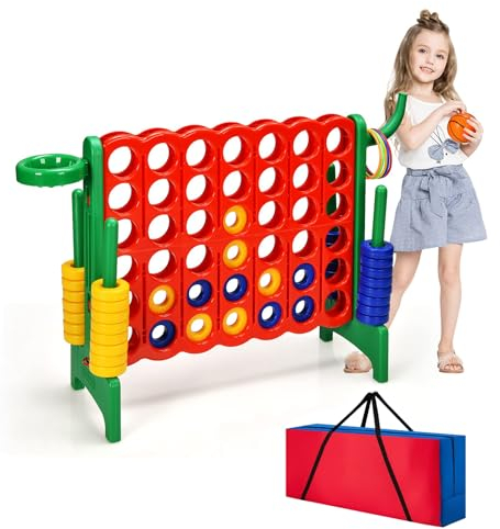 COSTWAY Enorm 4 vinner spel med basketkorg och kastspel, fyra vinner inklusive 42 jumbo ringar, skjutreglage och bärväska, fyra i rad spel stora (röd + grön, med ficka)