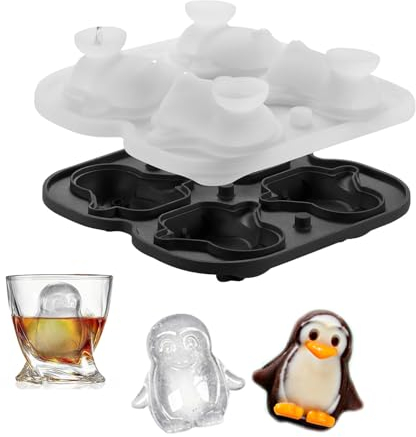 Silicone Ice Eiswürfelform Pinguin,Kleine Pinguin Eiswürfelformen Silikon 4 Gitter 3D Neuheit Pinguine Eiswuerfelbehaelter mit Deckel für Gin Gläser Whiskey Scotch Cocktail Likör Gläser Schwarz