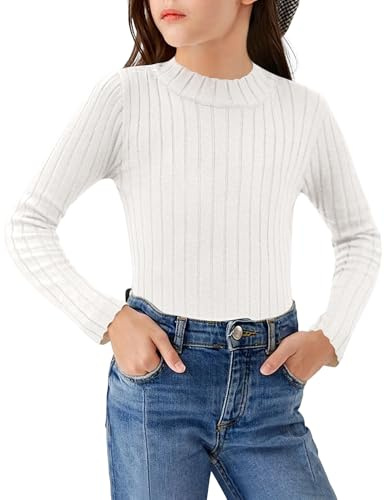 Arshiner Niñas Camiseta de Manga Larga Térmica Niño Medio Cuello Alto Camiseta Elegante Suéter Cuello Redondo Casual Otoño Invierno Manga Larga para Niñas 9-10 años Blanco