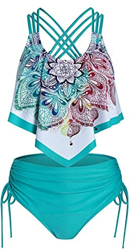 JHDESSLY Maillot de bain tankini deux pièces à volants pour femme - Effet gainant - Taille haute - Cordon de serrage, vert, XX-Large