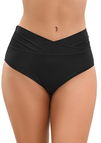 SHEKINI Bas de Bikini Femme Taille Haute contrôle Abdominal contrôle du Ventre Croix froncé rétro Maillot de Bain（S，Noir）