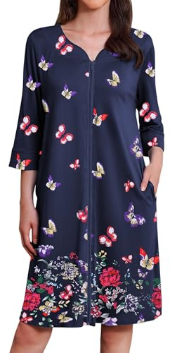 Ekouaer Batas con cremallera para mujer, mangas 3/4, camisón suave, ropa de dormir, vestidos de casa Mumu con bolsillos, Colorful butterfly, XL