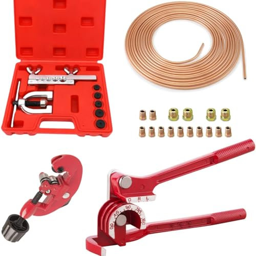 Brake Pipe Flaring Tool Set + 3 in 1 Tubing Bender + 3/16x 25ft/7.6m Brake Line with 16 Fittings + 1 Tube Cutter, Brake Line Flaring Tool, Ideal for Vehicle Brake Systems, Air Conditioning Systems ﻿