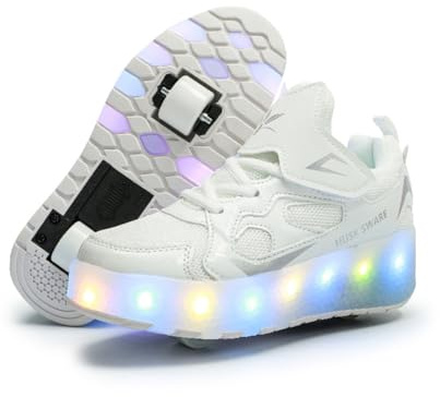 Zapatillas para niños, Zapatillas de Skateboard con Dos Ruedas, luz Ajustable con Cambio de Color, Carga USB, universales para Chicos y Chicas, Blanco, 37 EU.