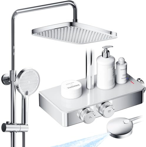 JONKEAN Duschsystem mit Thermostat, Duscharmatur Komplettset mit Glasablage, Regendusche mit Armatur und Handbrause, Duschset mit Armatur, Duschgarnitur mit Regendusche (Stil A, Chrom)