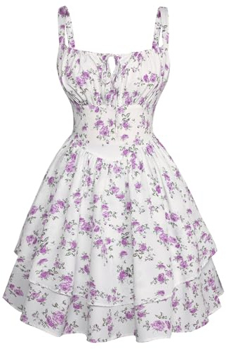 SCARLET DARKNESS Robe d'été Femme à Bretelles Spaghetti Style Victoria, Courte à Imprimé Fleuri Élégant Violet XXL
