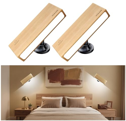 Lámpara de Pared LED Interior, 2 Piezas Lámpara de Pared de Madera, Rotación 360 ° Lámpara con Control Vocal y Telemando, Aplique LED Recargable para Estancia, Corredor,Escalera,Veranda