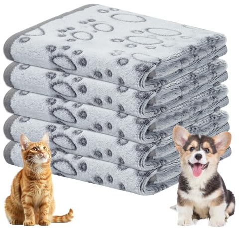 Omtofo 5 Pièces Peluche Ultra Couverture Chien, Flanelle Lavable Couverture Chat, pour Petits Et Moyens Chiots Et Chatons, Animaux avec Imprimé, Gris (76×52cm)
