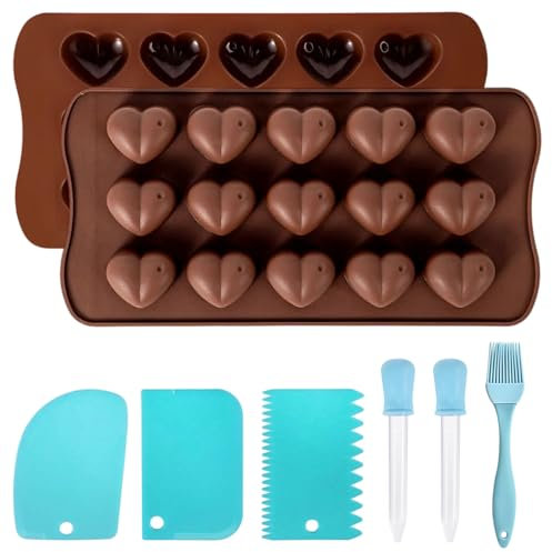 Lucywey Moules à Chocolat 15 Cavités Moules à Chocolat en Silicone Réutilisables, Antiadhésifs - 2 Moules en Forme de Cœur pour Chocolats Maison, Décoration de Gâteau, Pralines Kit Complet avec Brosse