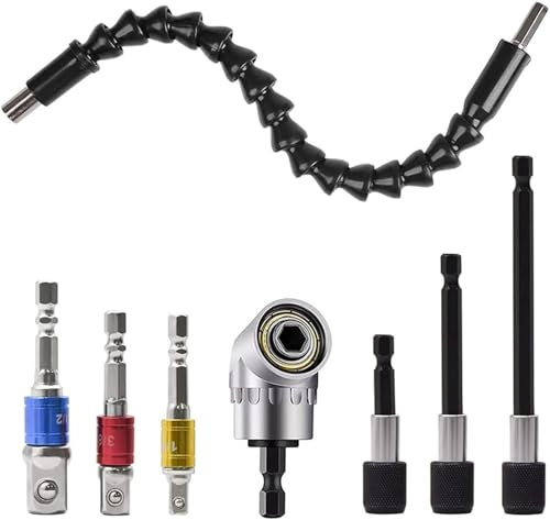 Juego de 8 destornilladores angulares, atornillador angular de 105°, varilla de extensión de vástago hexagonal de 1/4, 295 mm, puntas de vástago flexible de extensión, adaptador multifunción para