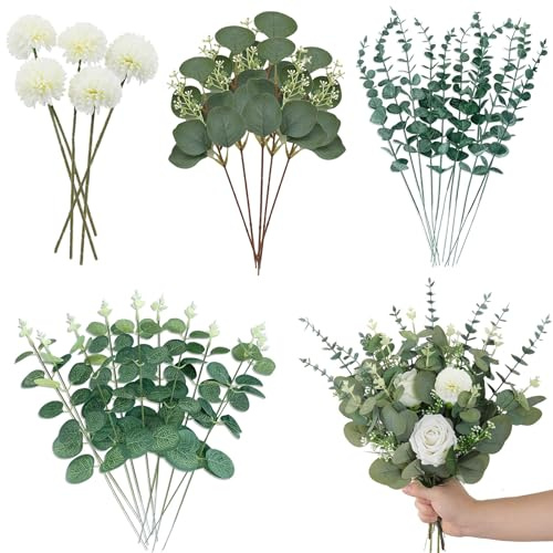 ZYETGH 30PCS Artificial Eucalyptus Stems and Hydrangea Flowers, Mixed Artificial Eucalyptus Leaves Faux Greenery Branches Plants for Diy Bridal Bouquet Wedding Decoration