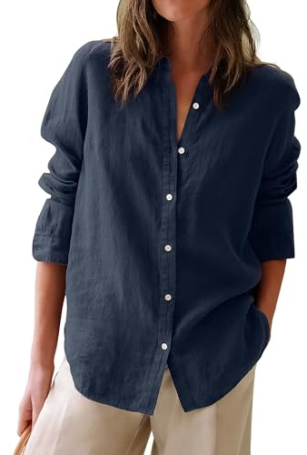 siliteelon Button Down Shirts for Women Oxford Shirt Cotton Dress Shirts Collared Long Sleeve Wrinkle Free Blouse Tops-Navy Blue M