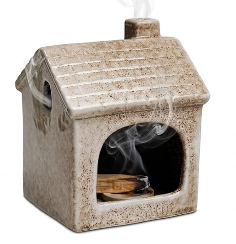 ZONSUSE Porta Palo Santo Casetta Rustica in Ceramica, Bruciatore di Salvia Stile Cottage Creativo, Ciotola Smudge per Yoga, Spa, Meditazione e Decorazione Casa (Cottage)