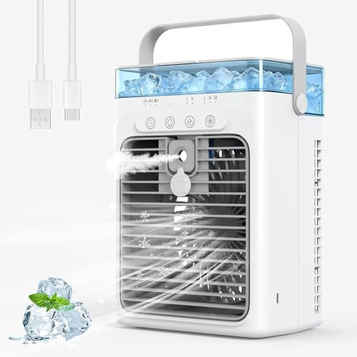 Portable Air Conditioners, Personal Evaporative Air Cooler, 3-Speed Small AC Fan, 8H Auto-off, Mini Air Conditioner, Cooling Fan for Car, Desktop, Camping, Bedroom, Office (Gray)