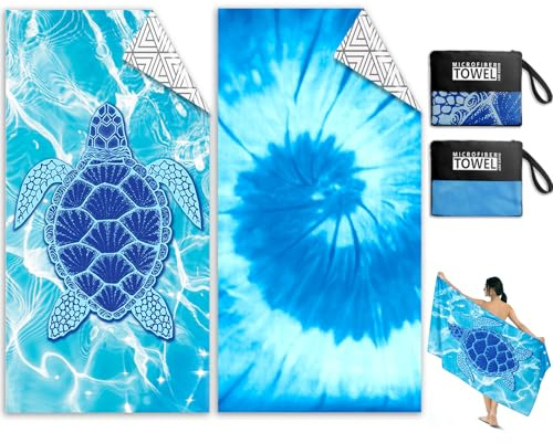 Kelvindra Microfibre Beach Towels for Adults - 2 Pack Double Sided Lightweight Beach Towel 180x90cm Extra Large, Sand Free Quick Dry Microfibre Towel with Mesh Bags for Travel, Swim & Sunbathing