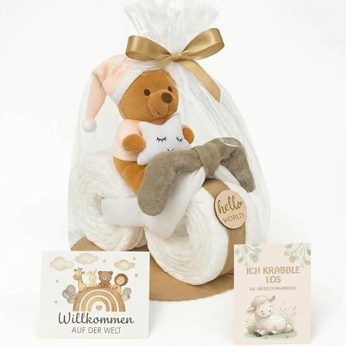 Torta di pannolini per bambine e ragazzi con orsacchiotto – Boho Vintage [fatto a mano] – Regalo per la nascita con cartello Hello World, pannolino di garza, calzini e pannolini premium – Torta di