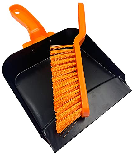 Metal Dustpan and Brush Heavy Duty – Strong Steel Large Capacity Garden Dustpan and Brush Set, PVC Stiff Hand Brush and Pan for Home and Garden Cleaning (Metal Dustpan and Stiff Brush)